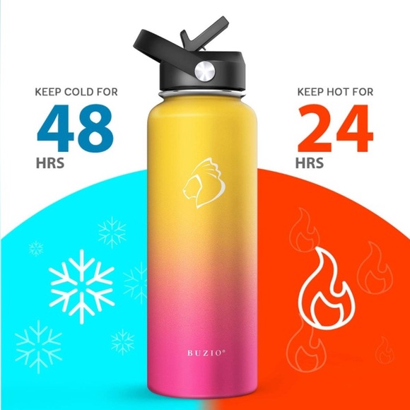 BUZIO Thermos Double Wall Insulated Stainless Steel Water Bottle / 2 caps 40oz - Picture 12 of 12